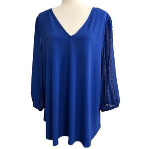NWT Adrianna‎ Papell 3/4 Clip Dot Sleeves V-Neck Blue Blouse Women's Size 3X